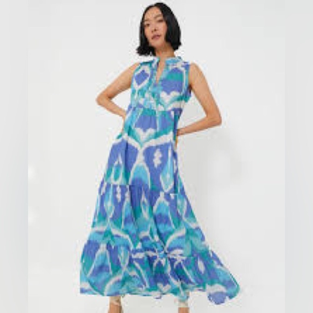 Sheridan French Blue Ikat Print Maxi Dress Sleeveless Tiered Cotton Size Medium